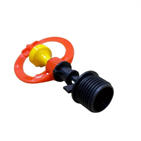 Close-up of micro rotating sprinkler from 10 Set Half Inch Orange Drip Irrigation Kit With Misting Drippers Tubing Connectors And Sprinkler Heads For Quick Easy Setup Customizable Watering Of Garden Lawn Farm And Veggie Beds.
