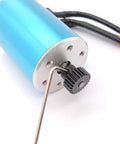 Close-up of MakerDoIt 48P Pinion Gear Set 3.175mm 24T installed on motor with hex key, showing smooth mesh for RC cars and trucks.