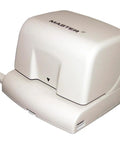 Twelve Sheet Hassle Free Electric Or Battery Powered Two Hole Paper Punch With One Quarter Inch Holes, quiet motor, adjustable guide, and chip pan.