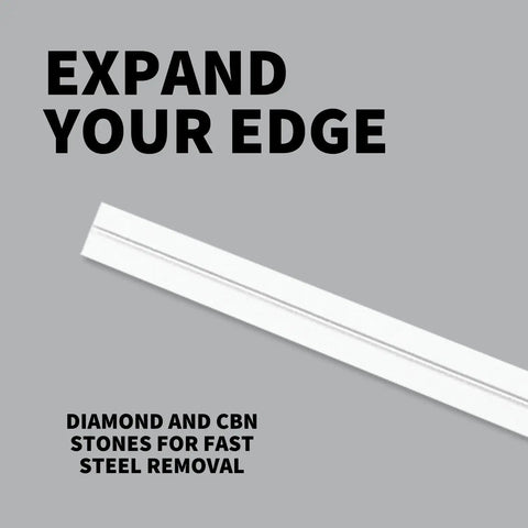 Tri Angle White Fine Grit Sharpening Stone Helps You Polish Blades To A Super Sharp Finish Like A Pro with text 'Expand Your Edge'