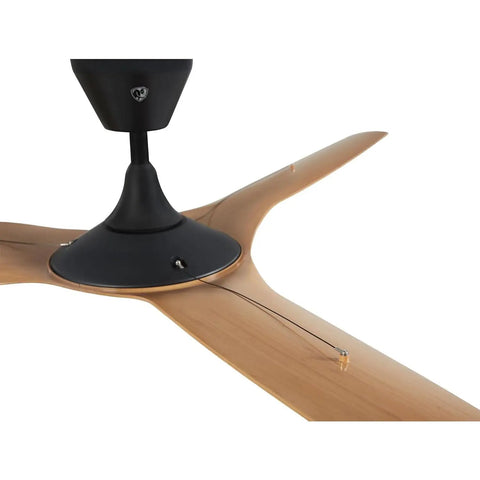 Built Tough Smart Outdoor Ceiling Fan Marine Coastal Grade Wet Rated Salt Resistant Storm Ready With Wireless Remote Control And Universal Mount And Ten Inch Extension Tube For Rough Sea Breeze Decks close-up view of matte black motor housing and wooden blades.