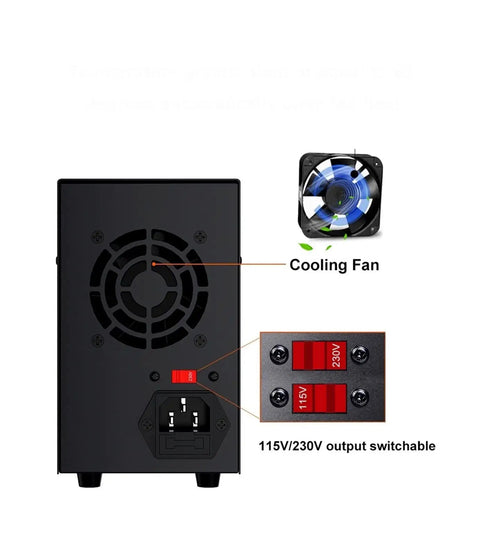 Adjustable 0 To 30 Volt DC Power Supply For Electronics Lab Bench Four Digit Display Switching Regulated Bench Supply rear cooling fan and 115V/230V switch