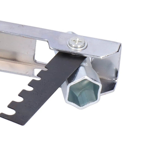Close-up of metal socket and file in Foldaway Pocket Multi Tool Kit For Chain Saw Maintenance With Wrenches Sockets Includes Large Screwdriver And T27 Star Wrench Plus 4mm Hex Key For Quick Adjustments And Repairs Hand Operated On The Go