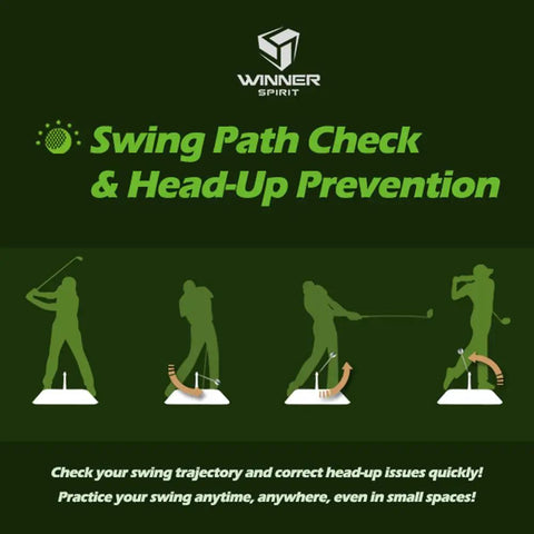 Real Swing 300 Golf Swing Trainer With Real Impact showing swing path check and head-up prevention features.