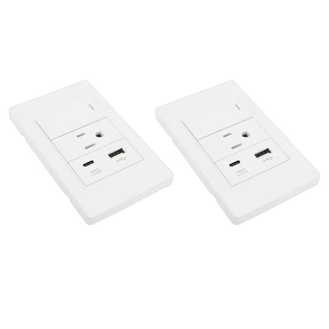Heavy Duty Dual Wall Plate With Single Toggle 15 Amp Three Prong Receptacle Paired With Ten Watt Usb Charger Built To Survive The Daily Grind Ul Verified Heat Guard White, showing two wall outlets.