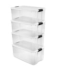 Stacked Ultra Latching Storage Boxes 4 Pack Clear 116 Quart With Lids Heavy Duty Plastic Organizers for easy visibility and organization.