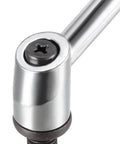 Close-up of M10 X 25mm Adjustable Clamping Lever with Push Button Locking and Rotating Screw Handles, Silver Tone