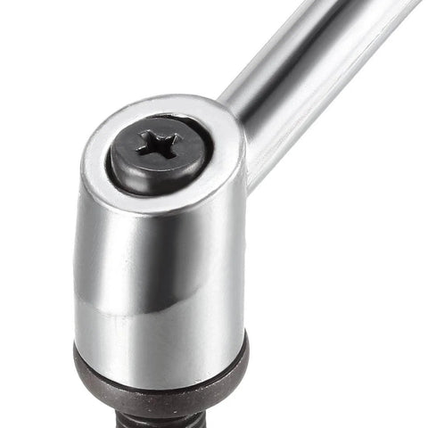 Close-up of M10 X 25mm Adjustable Clamping Lever with Push Button Locking and Rotating Screw Handles, Silver Tone