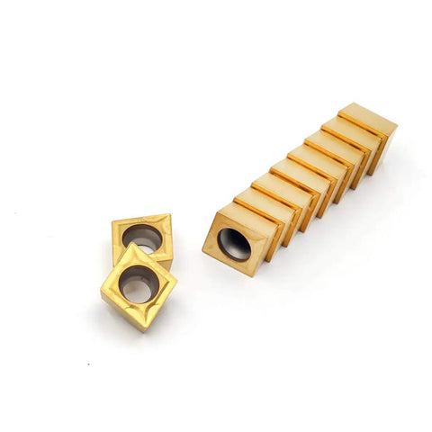 CCMT09T304 Carbide Turning Inserts Multilayer Coated shown stacked, highlighting design and thru hole for CNC lathe tools.