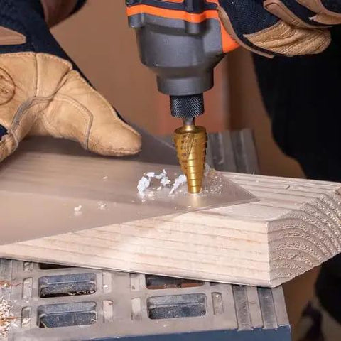 Heavy Duty Step Drill Bit Set For DIY With Spiral Double Fluted Titanium Nitride Coated Bits, drilling wood with a drill