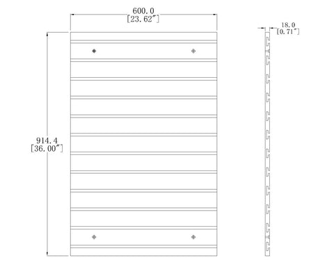 24X36 Inch Black Slatwall Panel For Home Garage And Retail Displays With Three Inch On Center Grid And Flexible Merchandising Mounting For Hooks Shelves And Brackets, front and side view with dimensions