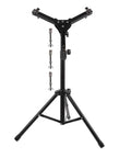 Foldable Drum Rack And Alloy Dumbbell Stand With Snare Practice Pad Tough Storage Shelf Setup For Sick Beats Or Pumping Iron showing black steel frame.