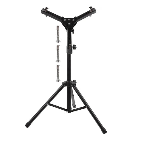 Foldable Drum Rack And Alloy Dumbbell Stand With Snare Practice Pad Tough Storage Shelf Setup For Sick Beats Or Pumping Iron showing black steel frame.