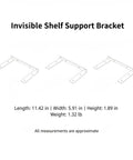 Diagram of Hidden Stainless Steel Floating Shelf Bracket for Wall Mount Desks and Shelves, showing dimensions 11.4 by 5.9 by 1.9 inches.