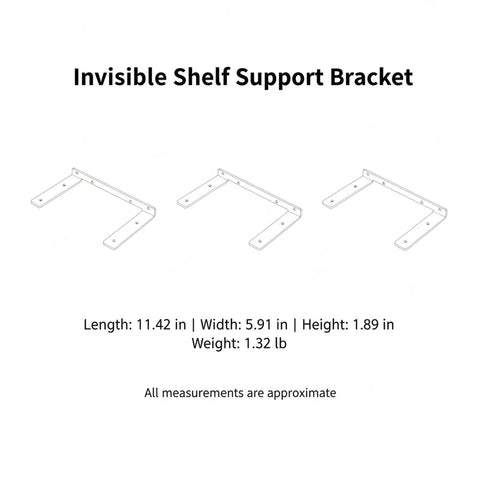 Diagram of Hidden Stainless Steel Floating Shelf Bracket for Wall Mount Desks and Shelves, showing dimensions 11.4 by 5.9 by 1.9 inches.