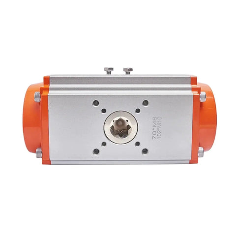 Heavy Duty Pneumatic Ball Valve Actuator Rigged For Precise 90 Degree Turns with orange ends and metal body, ideal for industrial applications.