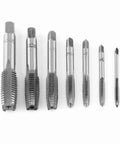 No Sweat Seven Piece Metric Thread Tap Set Featuring Straight Flute Design M3 Through M12 Sizes on display with clear size markings.