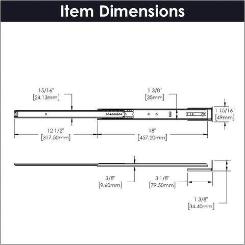 Center Mount Drawer Slide 18 Inch Cadmium Finish Bottom Mounted Cabinet Glide dimension diagram with measurements