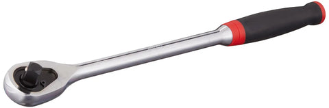 Half Inch Drive 84 Tooth Teardrop Ratchet With Long Dual Material Handle For Tight Spaces And Big Leverage Flush Mounted On Off Lever