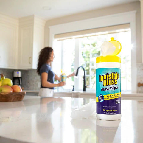 Front view of Invisible Glass Glass Wipes bottle with yellow cap on kitchen counter; 40 pre-moistened wipes.