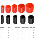 Red and black rubber end caps showing variations, used for round tubes, bolt thread protection. Includes Twenty Pack Rubber End Caps For One Quarter Inch Inner Diameter Six Millimeter Vinyl Round Tube Bolt Cap Covers For Pipe Ends And Thread Protectors Of Bolts Screws And Nuts Black chart.
