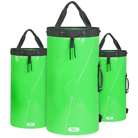 All In One Climbing Rope Bag 30L 45L 55L Waterproof PVC Coated Polyester Drawstring Backpack for Hiking in green with black straps