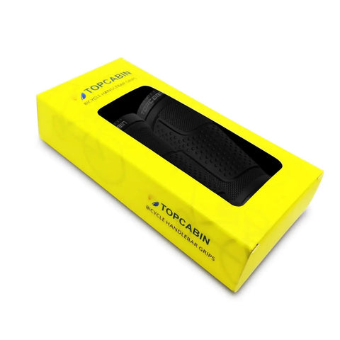 Two Tone Rubber Bike Handlebar Grips 90mm Short Length in yellow box, Non Slip Grippy Ergonomic Comfort Grips For Most Standard Bikes.