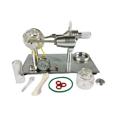 Mini Stirling Engine Science Toy For Hands On Learning Real Working Heat Engine With Cool Colorful LED Lights Generator And Educational Model For Physics Experiments STEM Gift Silver Finish on table with accessories
