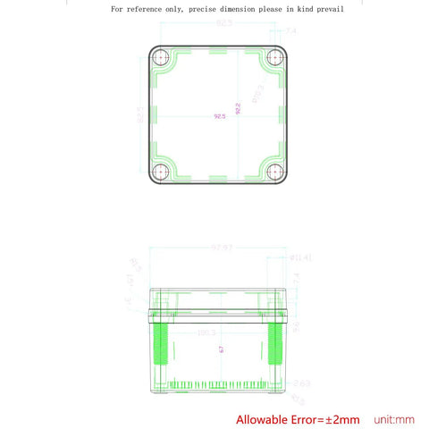 Technical drawing of Tough As Nails IP67 Waterproof ABS Junction Box, dimensions indicated for outdoor electronic projects.