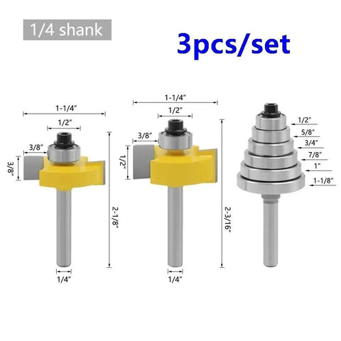 Three Piece Set Pro Grade Cemented Carbide Tenon Cutter With Six Beefy Adjustable Bearings For Woodworking Rabbeting Router Bits