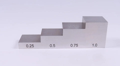 Pro Grade Four Step 1018 Steel Test Block Set With 0.25 Inch 0.5 Inch 0.75 Inch And 1 Inch Steps, ASTM E797 Certified, Includes ABS Carrying Case And Certificate, shown in side view