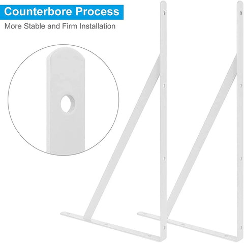 Heavy Duty 16 Inch White Shelf Brackets 10 Pack Wall Mounted Triangle Shelving Brackets with 90 Degree Corner Support, counterbore feature