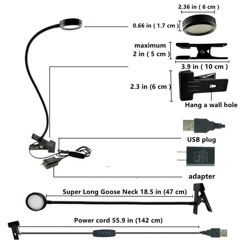 Two Pack USB Clamp Desk Lamp With 3 Color Temperatures 3000K 4500K 6000K 10 Level Dimming 48cm Gooseneck C Clip features