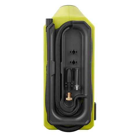 Cordless 18V Dual Function Inflator Deflator Tool showing hose and adapter storage for quick high volume inflation and fast deflation