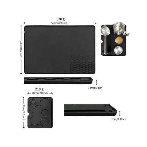 Straight Fire Premium Silicone Coffee Drip Mat With Built In Tamping Station, Non Slip Overflow Shield For Oster Perfect Brew, Heavy Duty Barista Counter Organizer And Quick Drainage Tray, Black, showing measurements and design details.