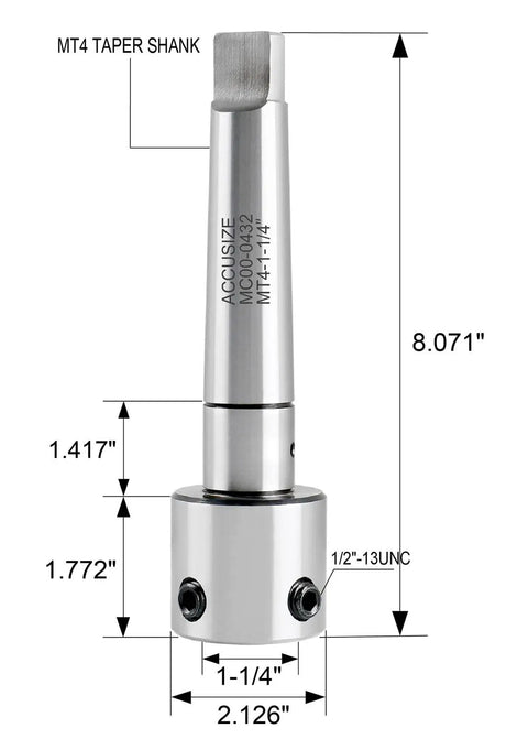 Mt4 To One And A Quarter Inch Weldon Shank Annular Cutter Arbor Adapter Drill Press Mount With Locking Key showing detailed dimensions.