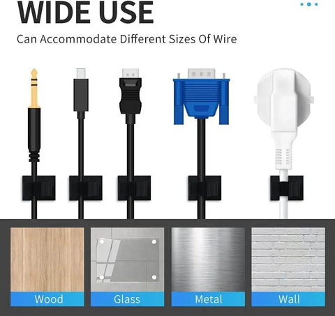 Cable types secured with 30 Pcs Black Self Adhesive Nylon Cable Clips For Wire Management And Cable Organization No Drill Easy Mount Adhesive Cable Clamps To Secure Cables And Drop Wires At Home Office Garage Or Workshop Holder on wood, glass, metal, and brick surfaces.