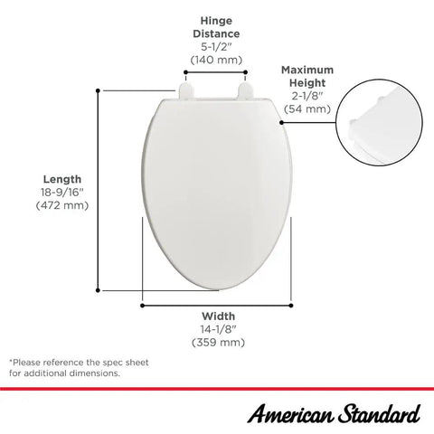 Diagram showing dimensions of Slow Close Elongated Toilet Seat With No Slam Quiet Operation And Soft Close, White Finish.