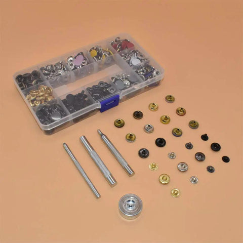12.5 mm Snap Fastener Kit With 12 Colors And 120 Sets Metal Snaps And Press Tool For Clothing Sewing And Crafting A Go To Kit For Designers And DIY Makers, including installation tools and organized case.