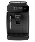 Front view of Top Shelf Automatic Espresso Brewer With Sturdy Built In Bean Mill And Silky Milk Frother, sleek black design.