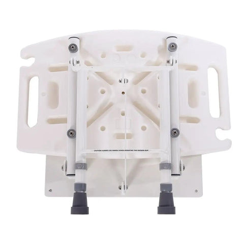 Underside view of Wall Mounted Shower Chair With Easy Fold Away Design For Adults Adjustable Legs Space Saving Bath Seat