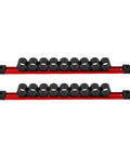 Nine Slot Rail Hand Tool Holder For Garage Workshop Organization Heavy Duty Aluminum And Plastic Rack Secures Screwdrivers Wrenches Pliers Fast Built Different And Straight Up Pro Grade, red and black rack with slots.
