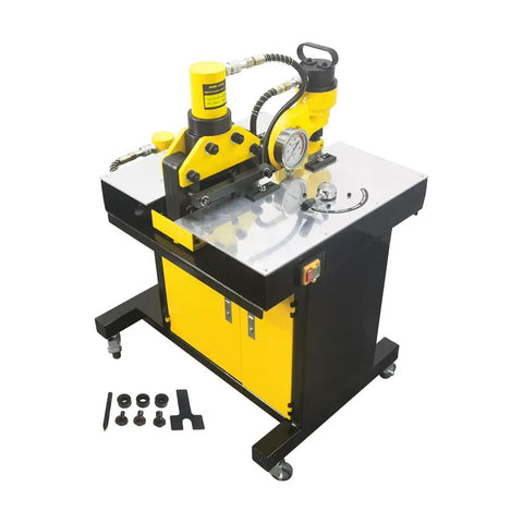 Heavy Duty Electric Hydraulic Busbar Processor Cutter 900W Motor And 700 Bar Pressure, yellow and black machine for cutting, punching, bending.