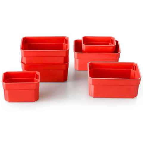 Red and black Boss Level Plastic Tool Box with wide compartments for organized storage, engineered for the daily hustle.