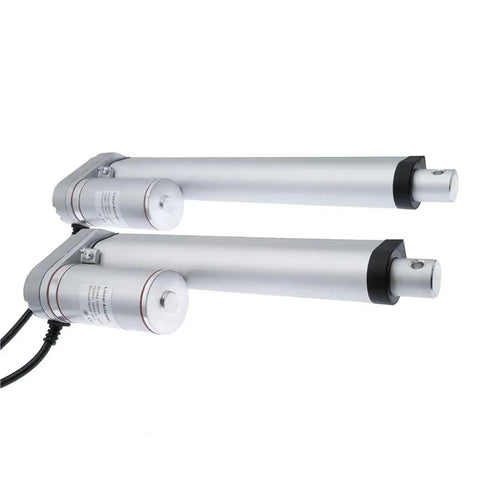 Badass Electric Linear Actuator Featuring A Rock Solid 200Mm Stroke And Serious 1000N Thrust For Smooth Dc Powered Push Pull Motion In Diy Automations That Are Built Different. Two silver actuators with motors.
