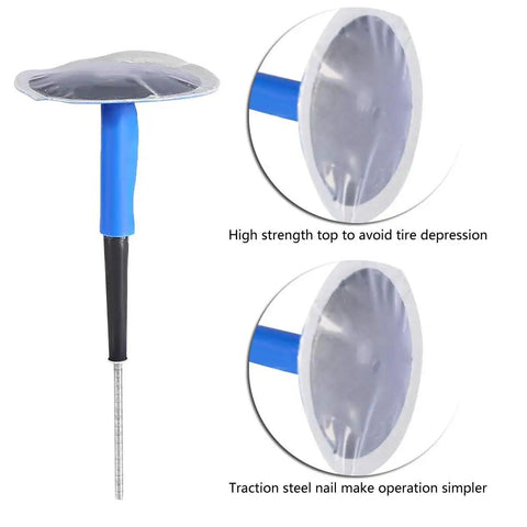 Twenty Four Piece Universal Tubeless Tire Puncture Repair Kit featuring heavy duty rubber mushroom plug with blue handle for easy use.