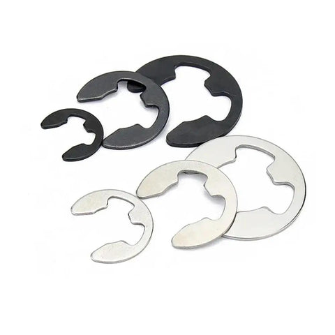 Check Out These Super Cool 65Mn Black Steel E-Clip Circlips In 10 To 100 Pack Sizes, showing assorted sizes and colors for shaft retaining.