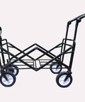 Side view of collapsible wagon cart with foldable wheels, steel frame, and adjustable handle for garden and beach use.