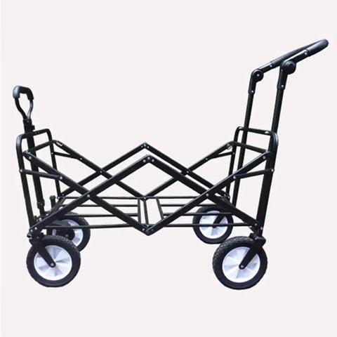 Side view of collapsible wagon cart with foldable wheels, steel frame, and adjustable handle for garden and beach use.