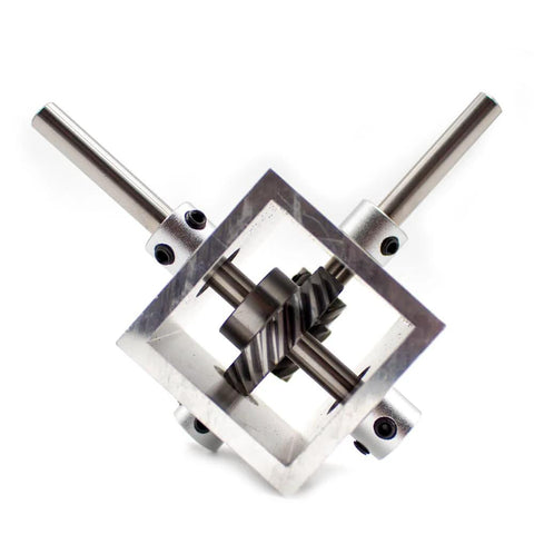 iDili 90° right-angle gearbox with 6mm shafts; aluminum frame and steel gears (1:2 ratio).
